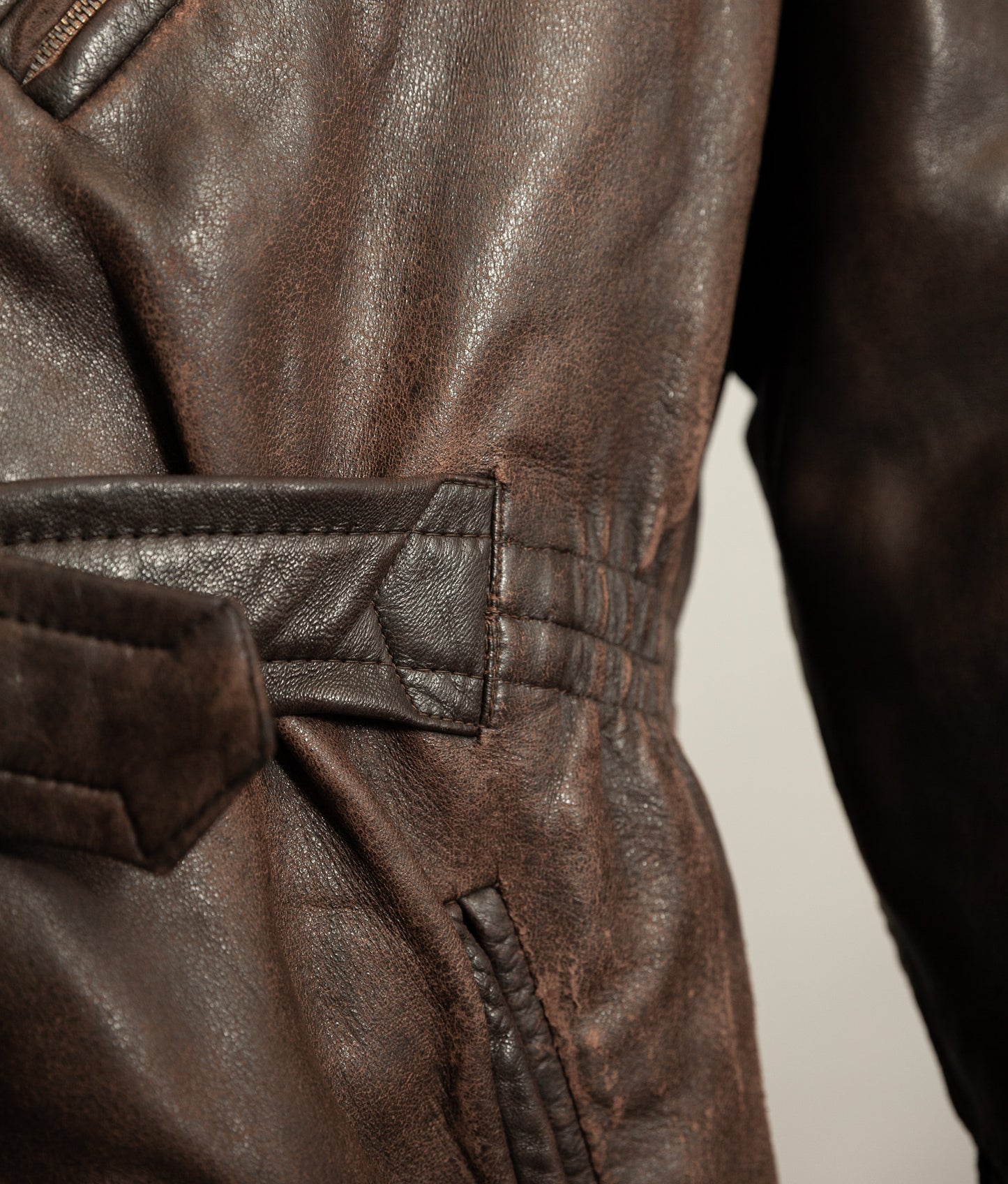 Vintage 1950s Yugoslavian Leather Motorcycle Jacket Belted Moleskin Lined