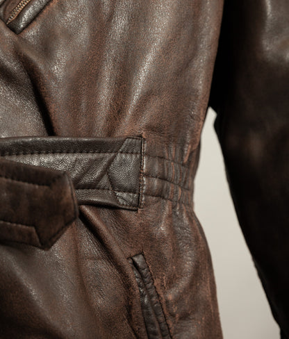 Vintage 1950s Yugoslavian Leather Motorcycle Jacket Belted Moleskin Lined