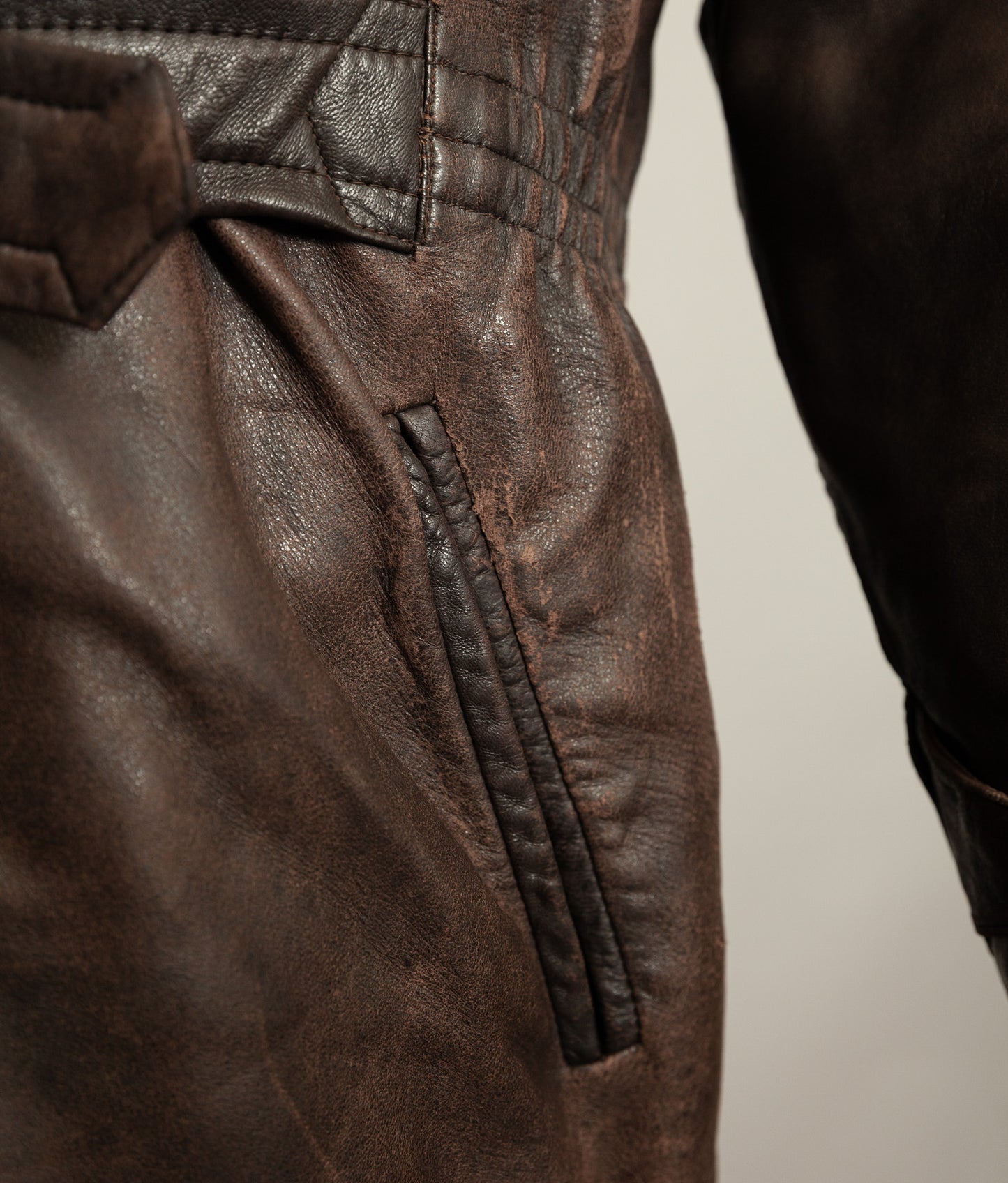 Vintage 1950s Yugoslavian Leather Motorcycle Jacket Belted Moleskin Lined