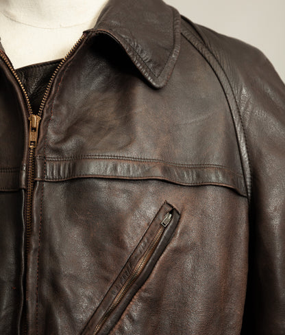 Vintage 1950s Yugoslavian Leather Motorcycle Jacket Belted Moleskin Lined