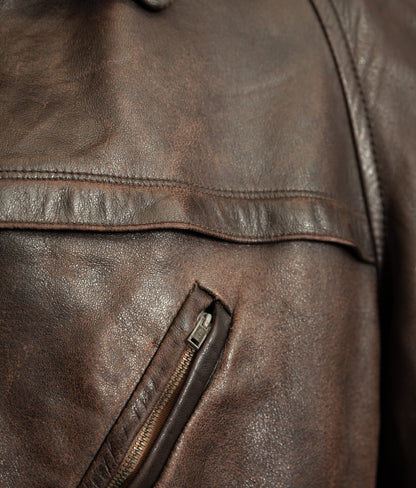 Vintage 1950s Yugoslavian Leather Motorcycle Jacket Belted Moleskin Lined