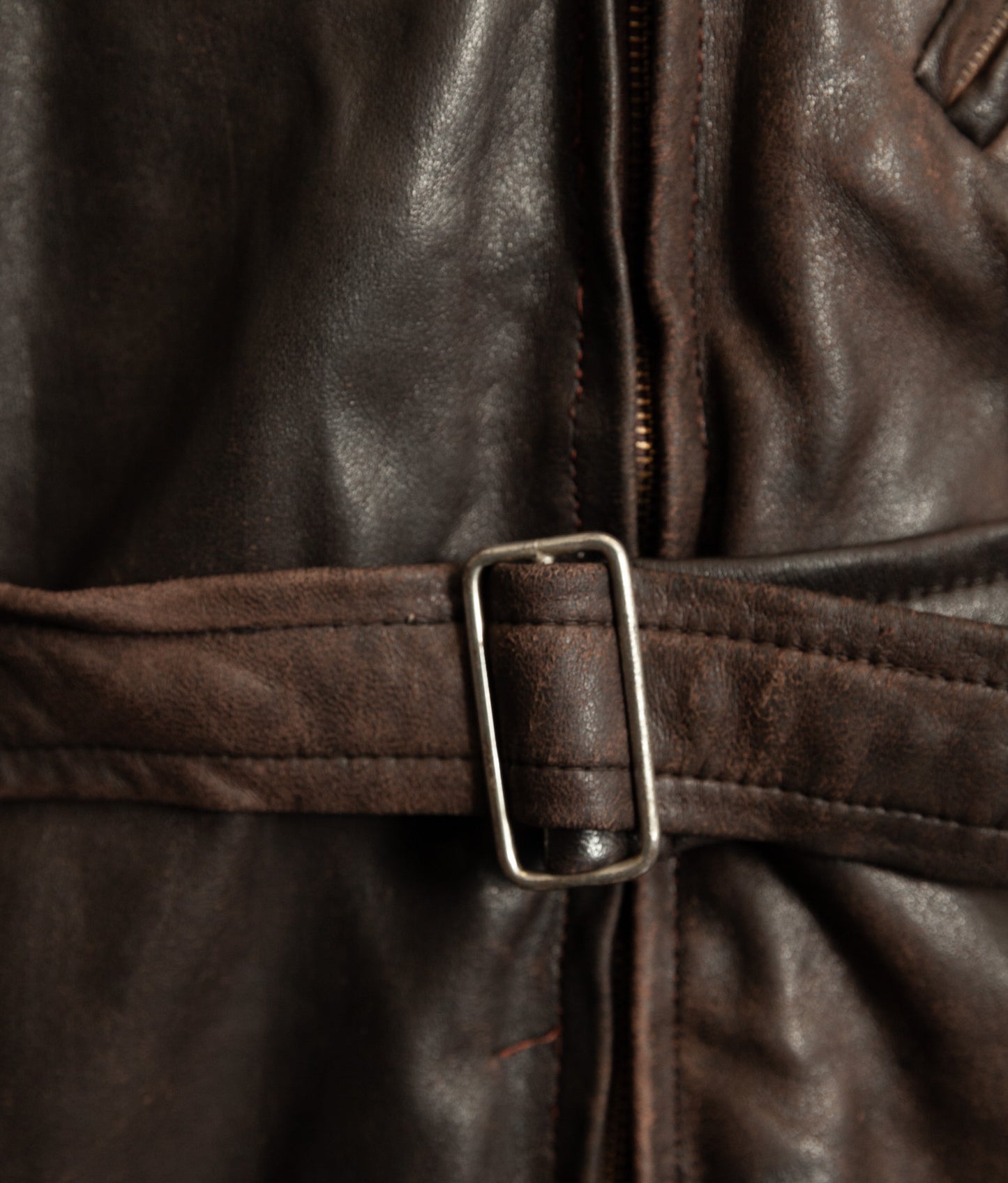 Vintage 1950s Yugoslavian Leather Motorcycle Jacket Belted Moleskin Lined