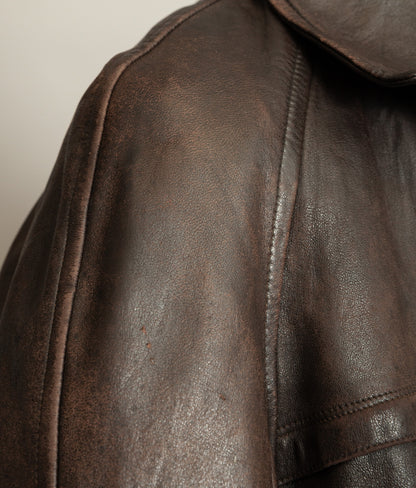 Vintage 1950s Yugoslavian Leather Motorcycle Jacket Belted Moleskin Lined