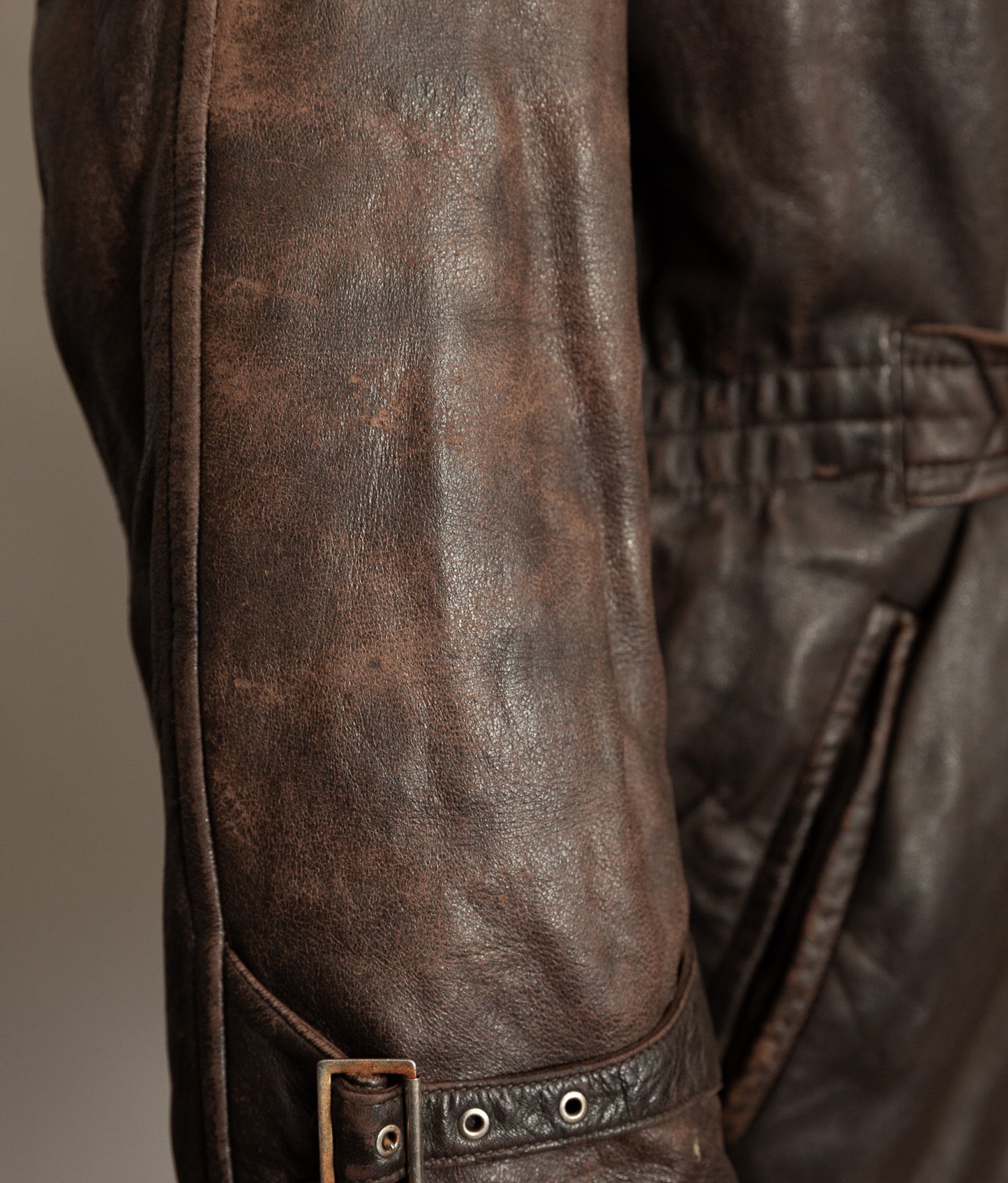 Vintage 1950s Yugoslavian Leather Motorcycle Jacket Belted Moleskin Lined