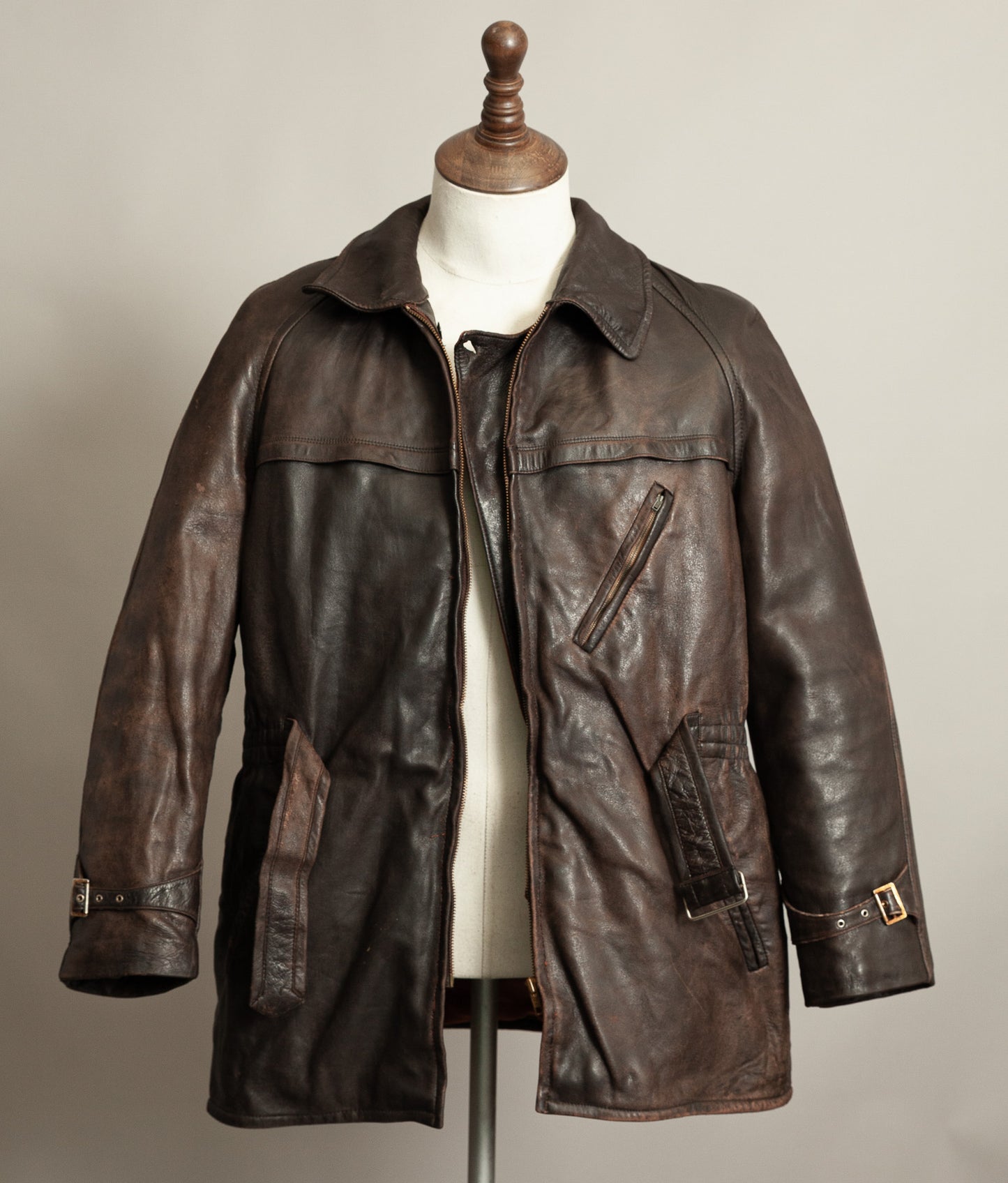 Vintage 1950s Yugoslavian Leather Motorcycle Jacket Belted Moleskin Lined