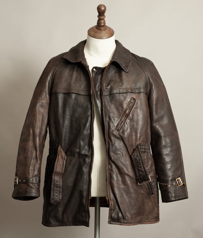 Vintage 1950s Yugoslavian Leather Motorcycle Jacket Belted Moleskin Lined