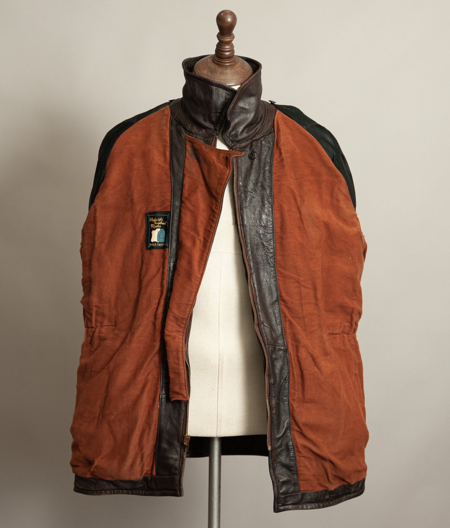 Vintage 1950s Yugoslavian Leather Motorcycle Jacket Belted Moleskin Lined