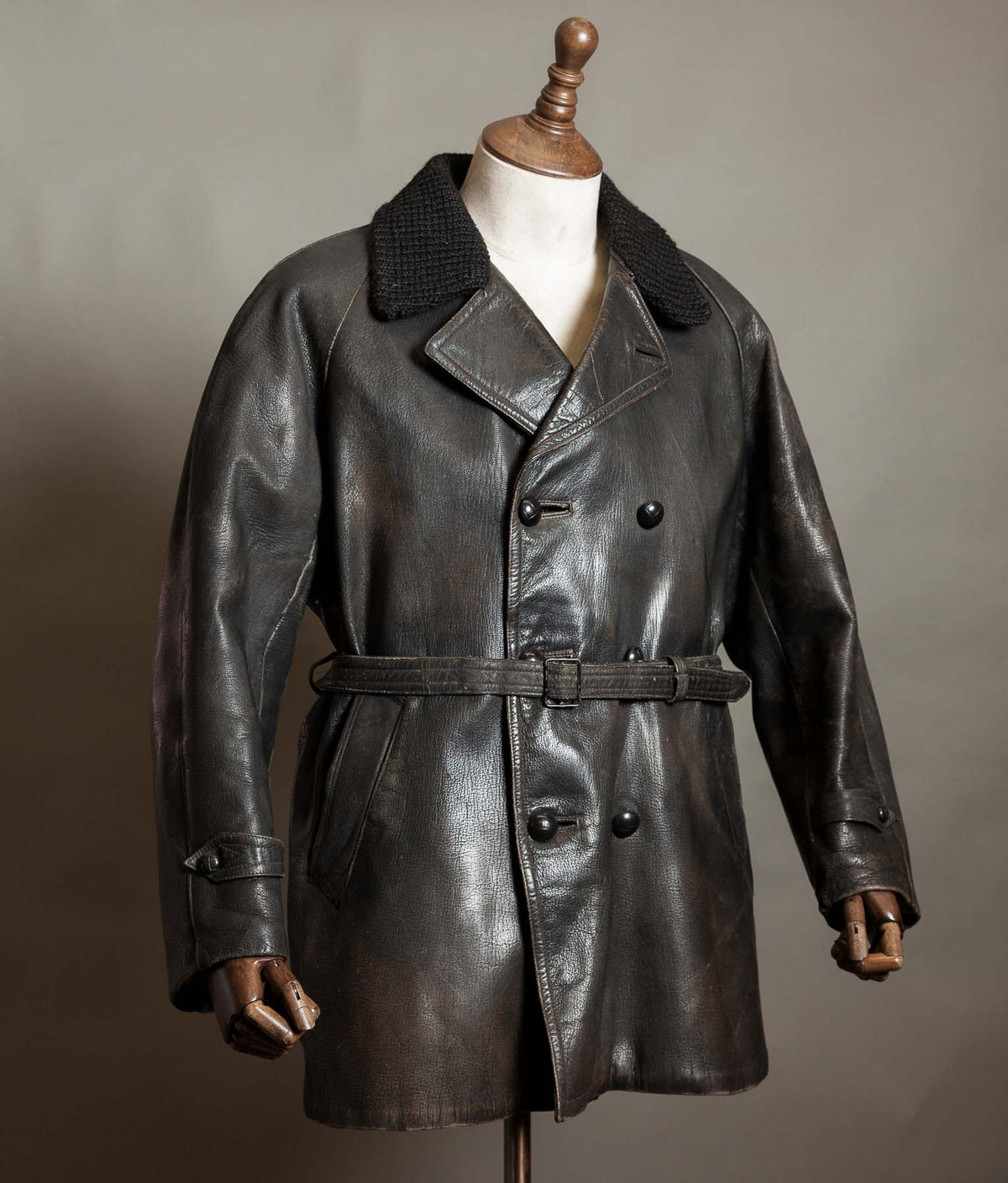 Vintage 1950s Italian Police Motoring Coat, Goatskin, Knitted Wool Collar