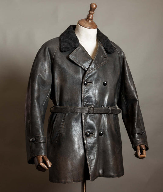 Vintage 1950s Italian Police Motoring Coat, Goatskin, Knitted Wool Collar