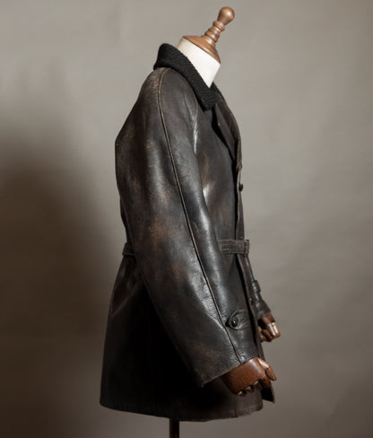 Vintage 1950s Italian Police Motoring Coat, Goatskin, Knitted Wool Collar