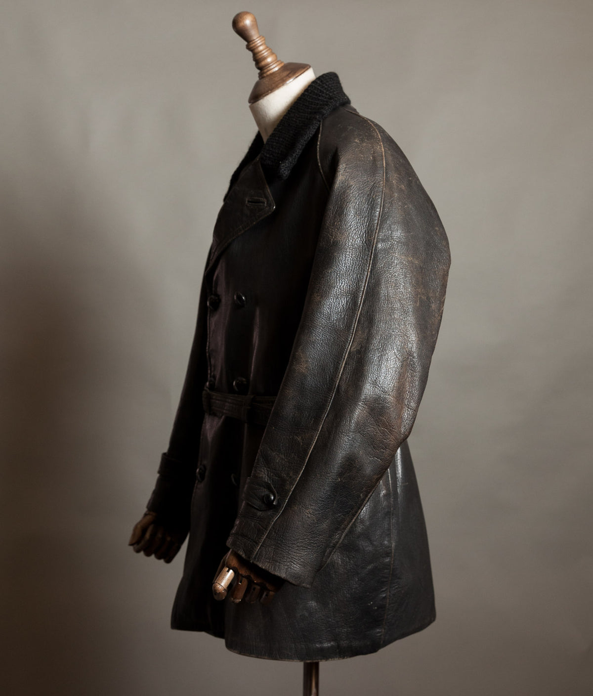 Vintage 1950s Italian Police Motoring Coat, Goatskin, Knitted Wool Collar