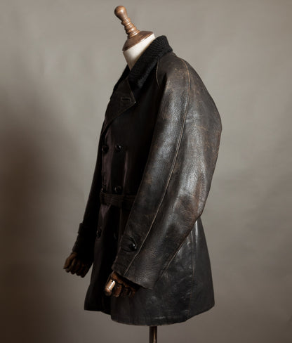 Vintage 1950s Italian Police Motoring Coat, Goatskin, Knitted Wool Collar