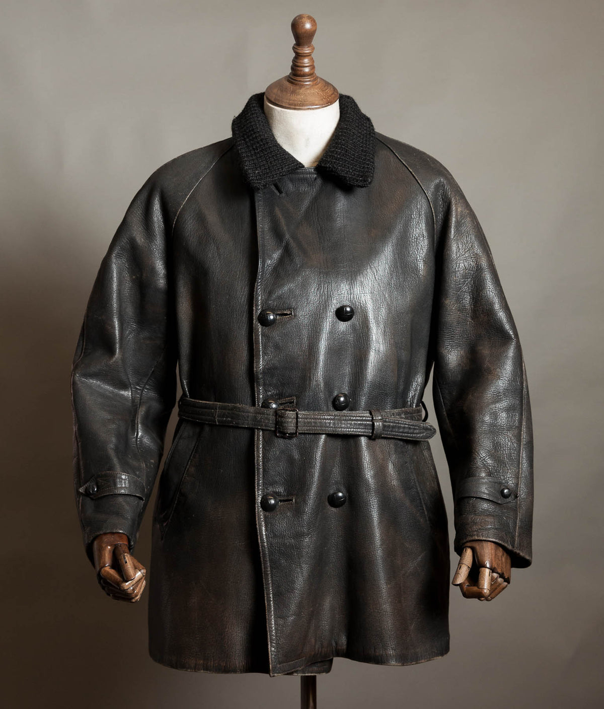 Vintage 1950s Italian Police Motoring Coat, Goatskin, Knitted Wool Collar