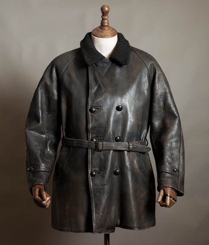 Vintage 1950s Italian Police Motoring Coat, Goatskin, Knitted Wool Collar