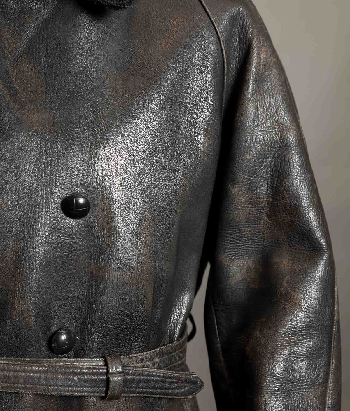 Vintage 1950s Italian Police Motoring Coat, Goatskin, Knitted Wool Collar