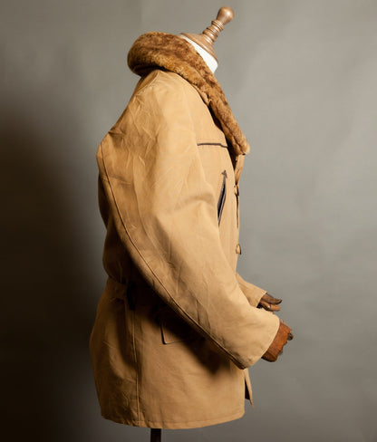 Vintage 1950s French Canadienne Mackinaw Coat, Canvas with Mouton Collar