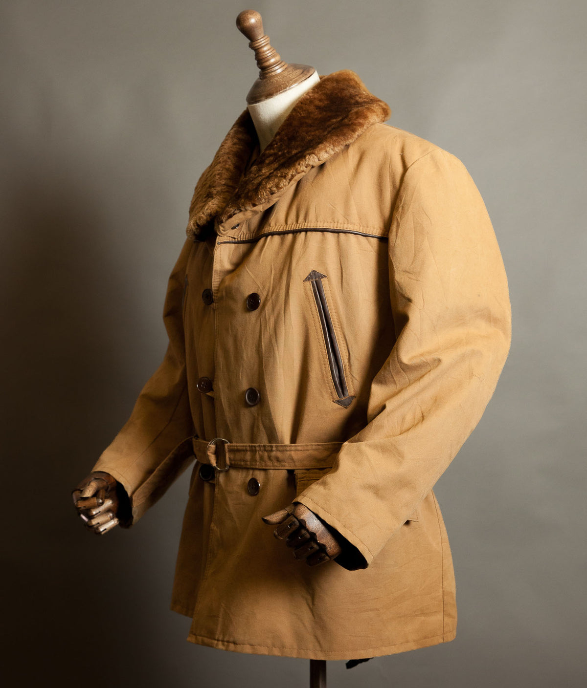 Vintage 1950s French Canadienne Mackinaw Coat, Canvas with Mouton Collar