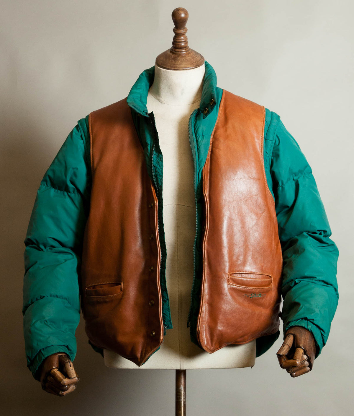 Vintage Schott NYC 126 Leather & Goose Down Jacket, Convertible Vest, Made in USA