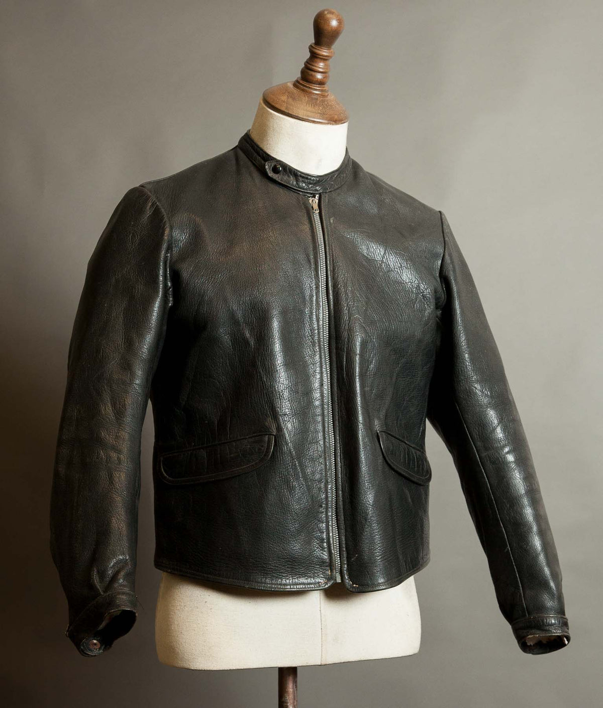Vintage 1950s Goatskin Leather Motorcycle Jacket, Band Collar, Grey Riri Zips