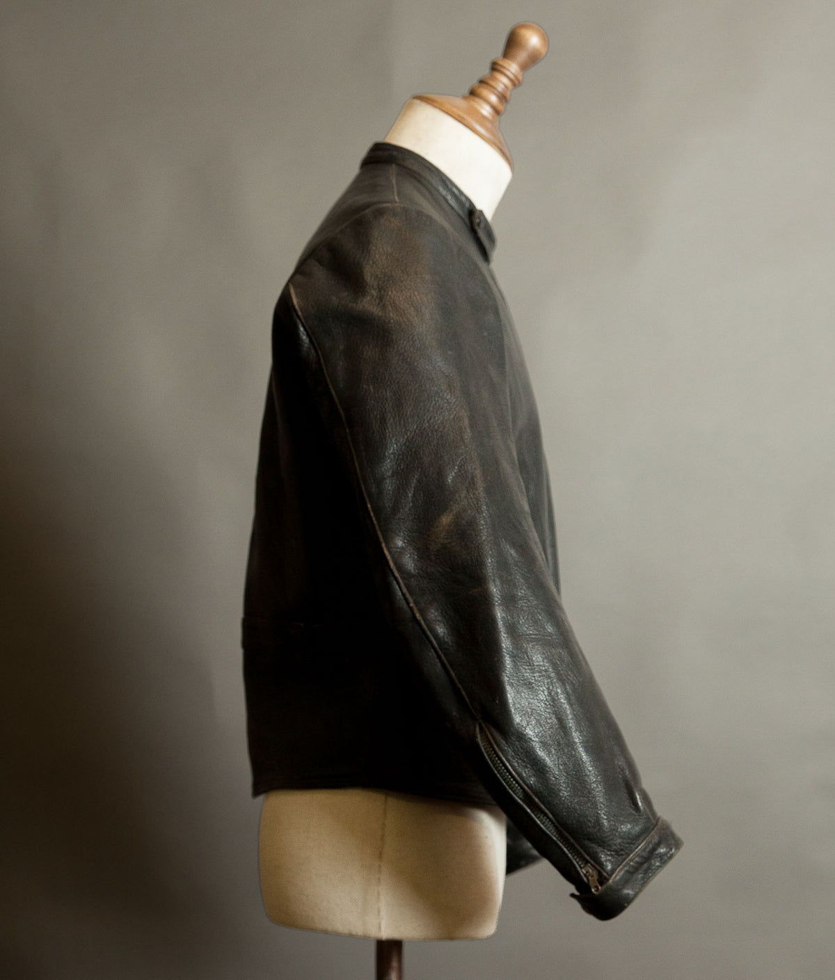 Vintage 1950s Goatskin Leather Motorcycle Jacket, Band Collar, Grey Riri Zips