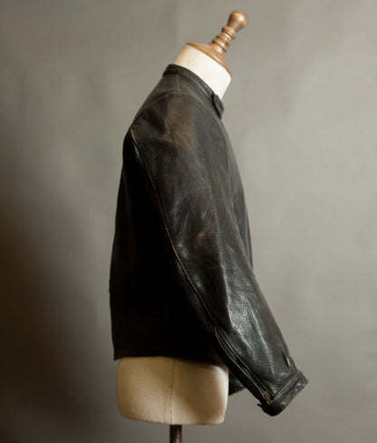 Vintage 1950s Goatskin Leather Motorcycle Jacket, Band Collar, Grey Riri Zips