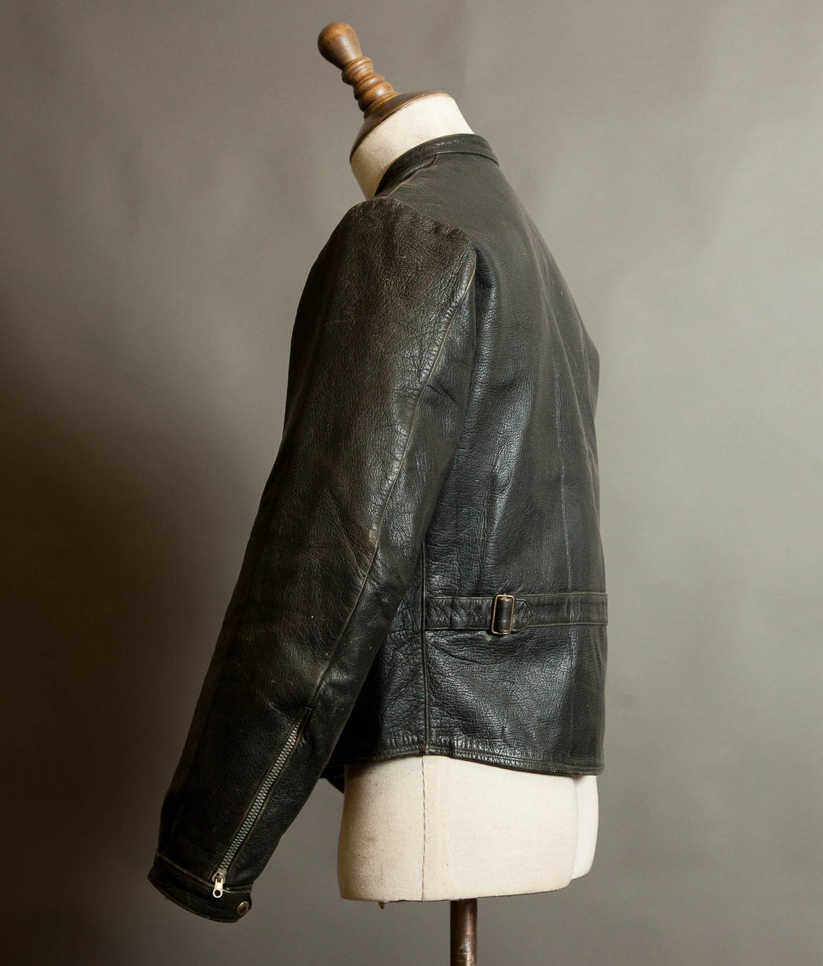 Vintage 1950s Goatskin Leather Motorcycle Jacket, Band Collar, Grey Riri Zips