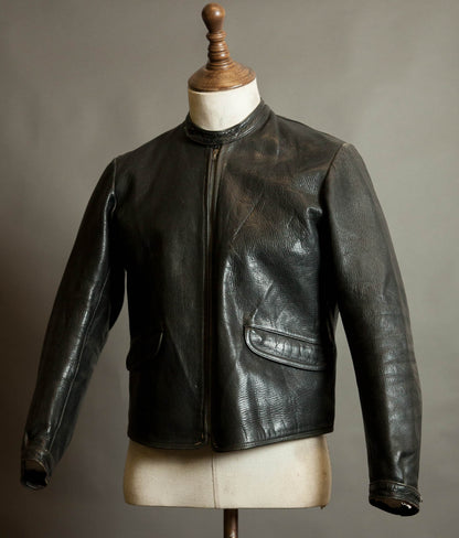 Vintage 1950s Goatskin Leather Motorcycle Jacket, Band Collar, Grey Riri Zips
