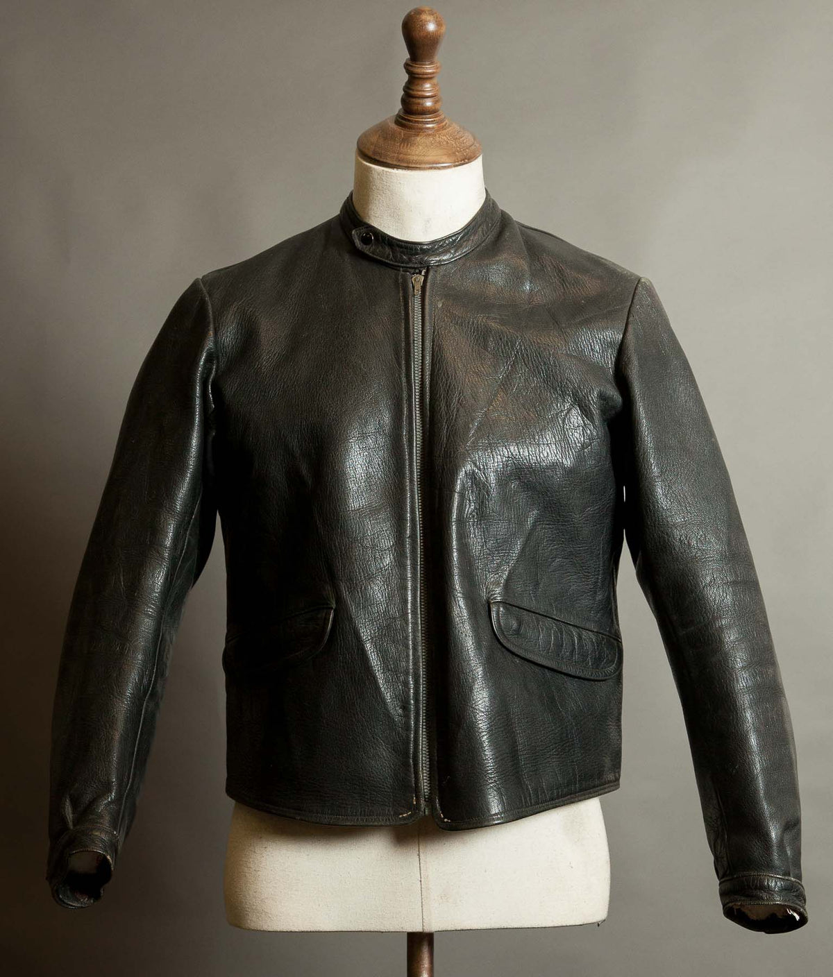 Vintage 1950s Goatskin Leather Motorcycle Jacket, Band Collar, Grey Riri Zips