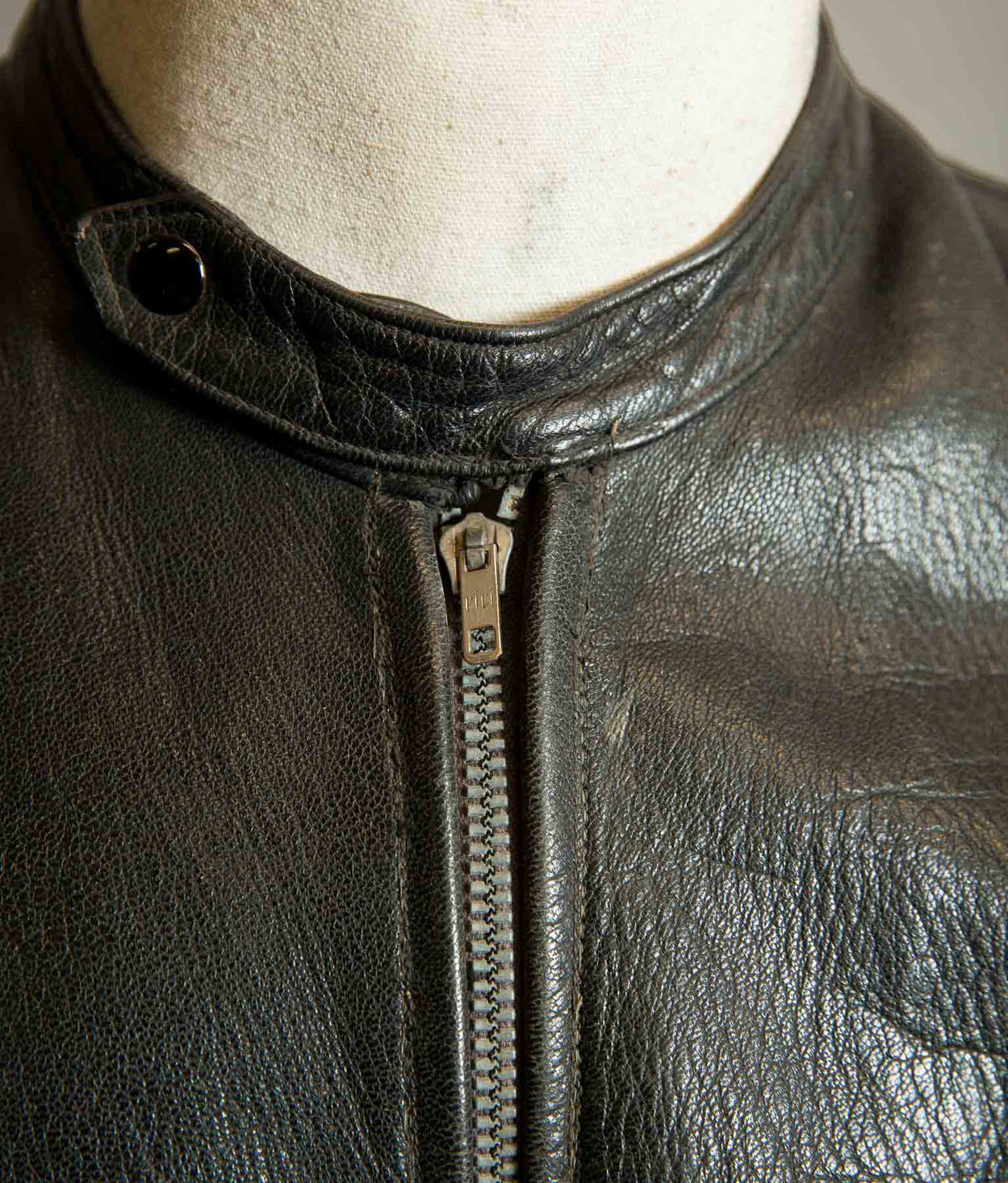 Vintage 1950s Goatskin Leather Motorcycle Jacket, Band Collar, Grey Riri Zips