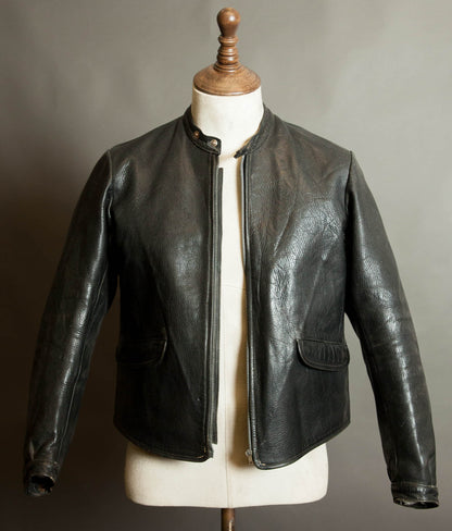 Vintage 1950s Goatskin Leather Motorcycle Jacket, Band Collar, Grey Riri Zips