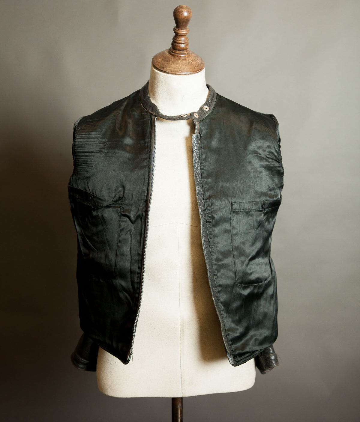 Vintage 1950s Goatskin Leather Motorcycle Jacket, Band Collar, Grey Riri Zips