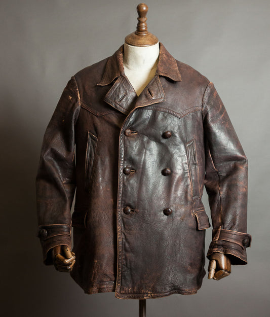 Original 1930s German Leather Motoring Coat, Double-Breasted Goatskin