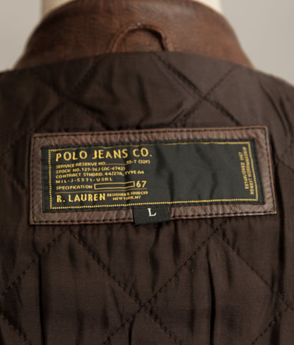 Close-up of a Polo Jeans Co. label on a brown jacket