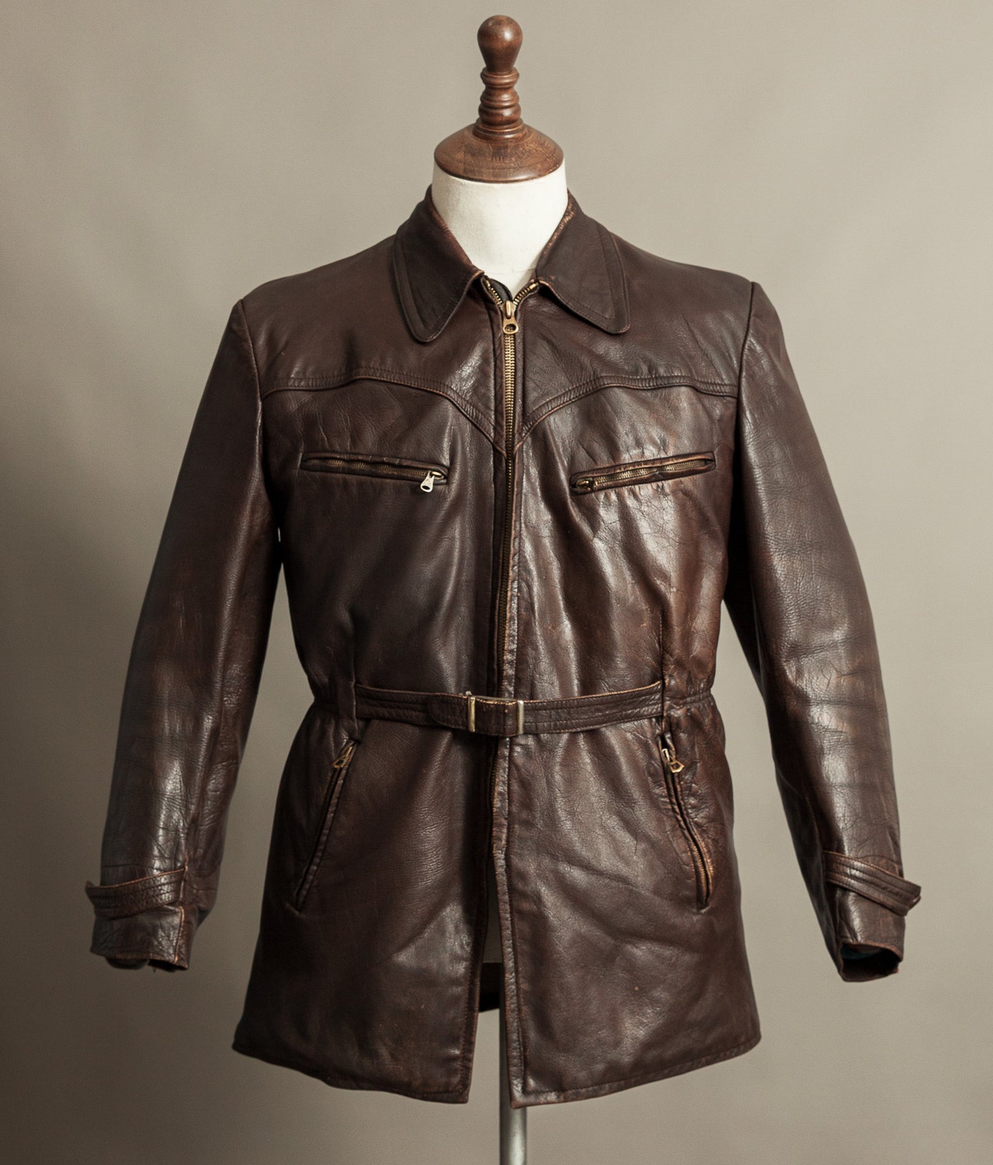 Vintage 1940s German Leather Belted Motorcycle Jacket