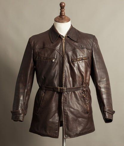 Vintage 1940s German Leather Belted Motorcycle Jacket
