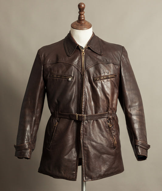 Vintage 1940s German Leather Belted Motorcycle Jacket