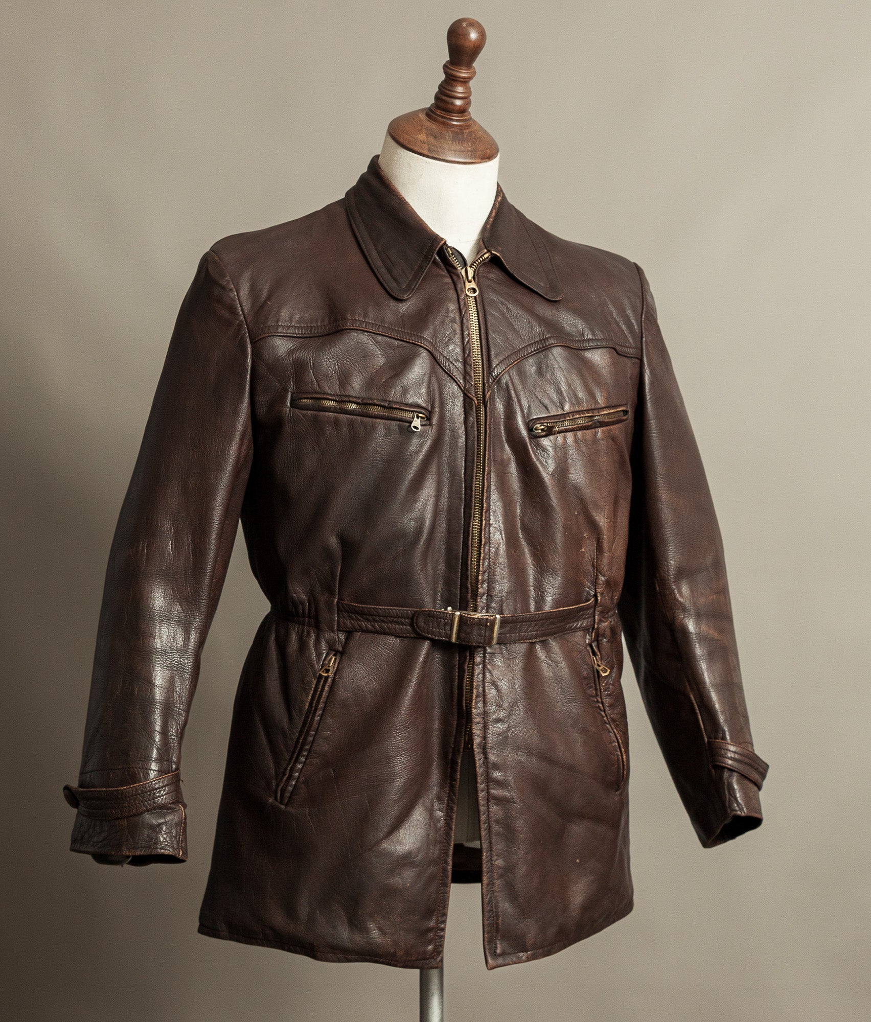 Vintage 1940s German Leather Belted Motorcycle Jacket
