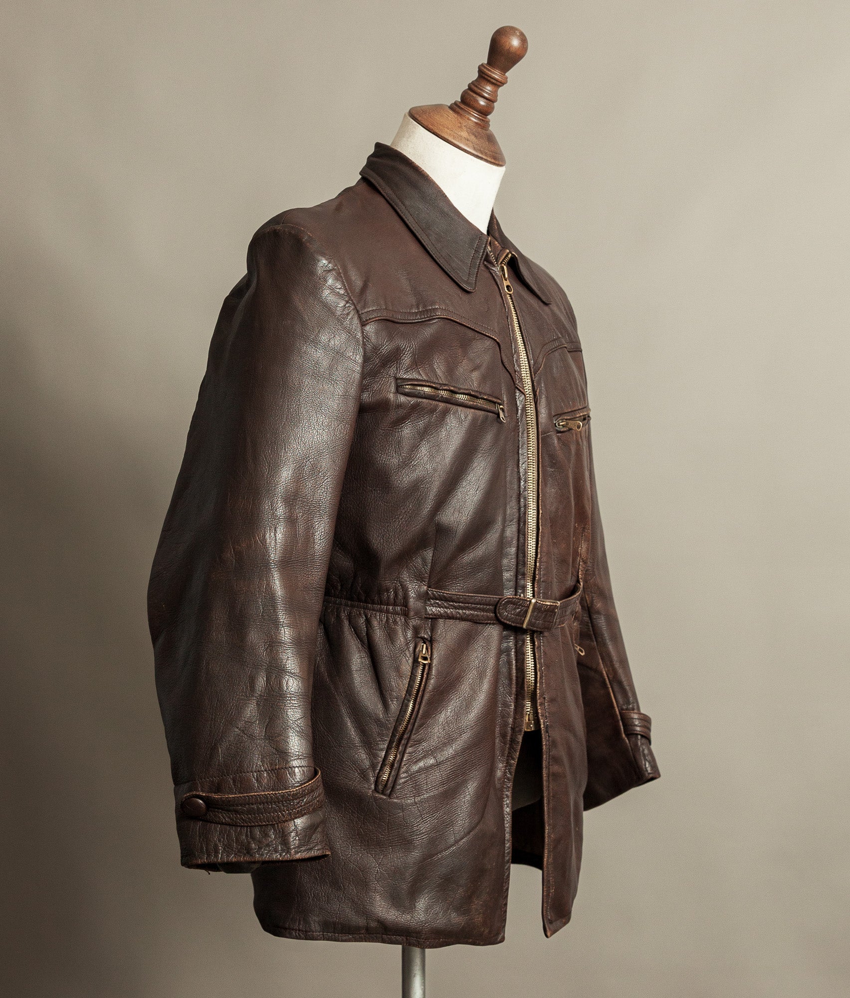Vintage 1940s German Leather Belted Motorcycle Jacket
