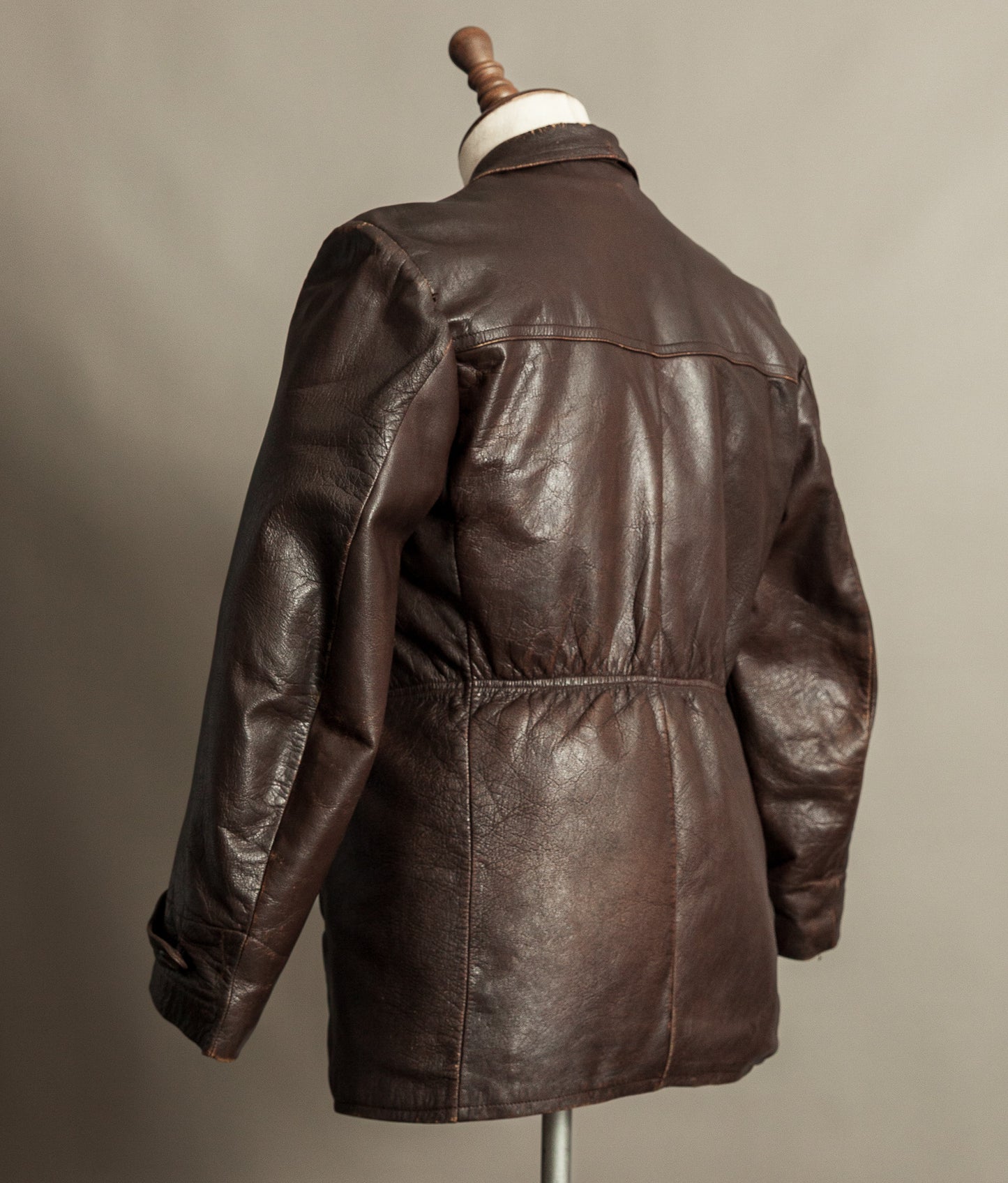 Vintage 1940s German Leather Belted Motorcycle Jacket