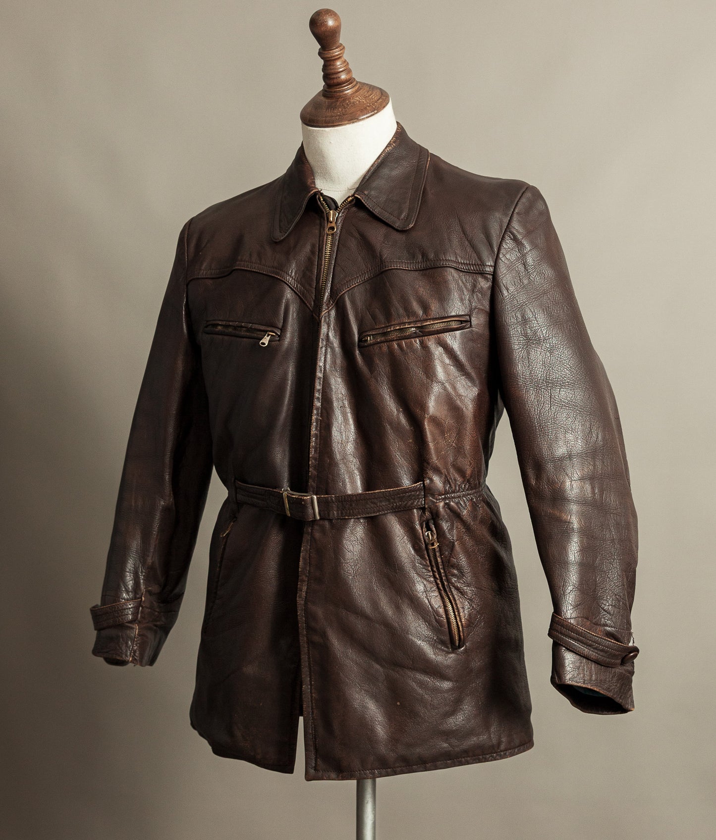 Vintage 1940s German Leather Belted Motorcycle Jacket