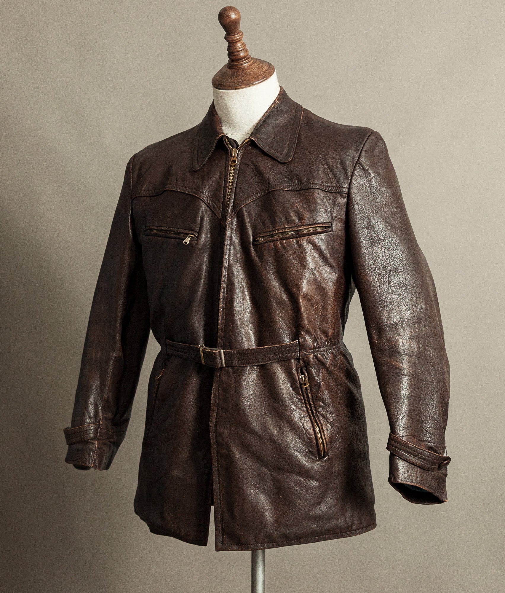Vintage 1940s German Leather Belted Motorcycle Jacket