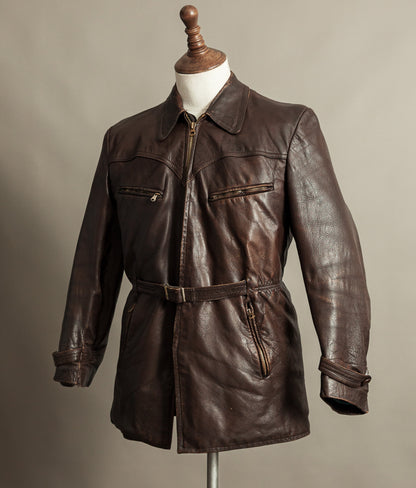 Vintage 1940s German Leather Belted Motorcycle Jacket