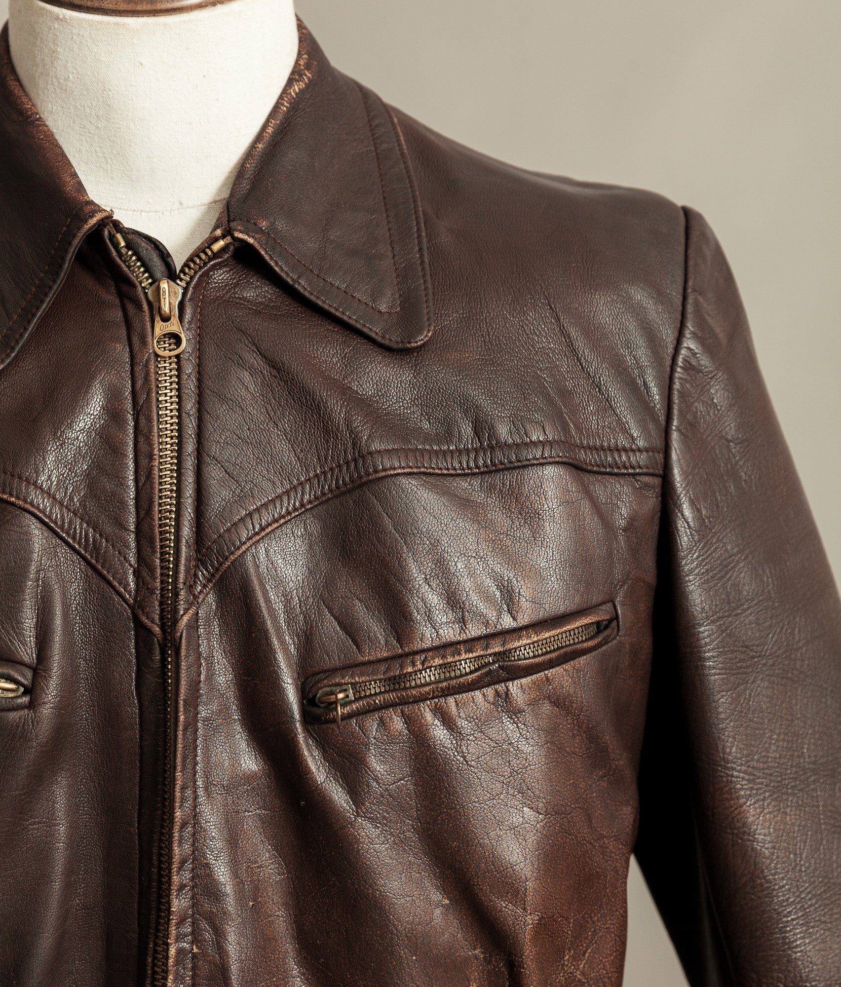 Vintage 1940s German Leather Belted Motorcycle Jacket