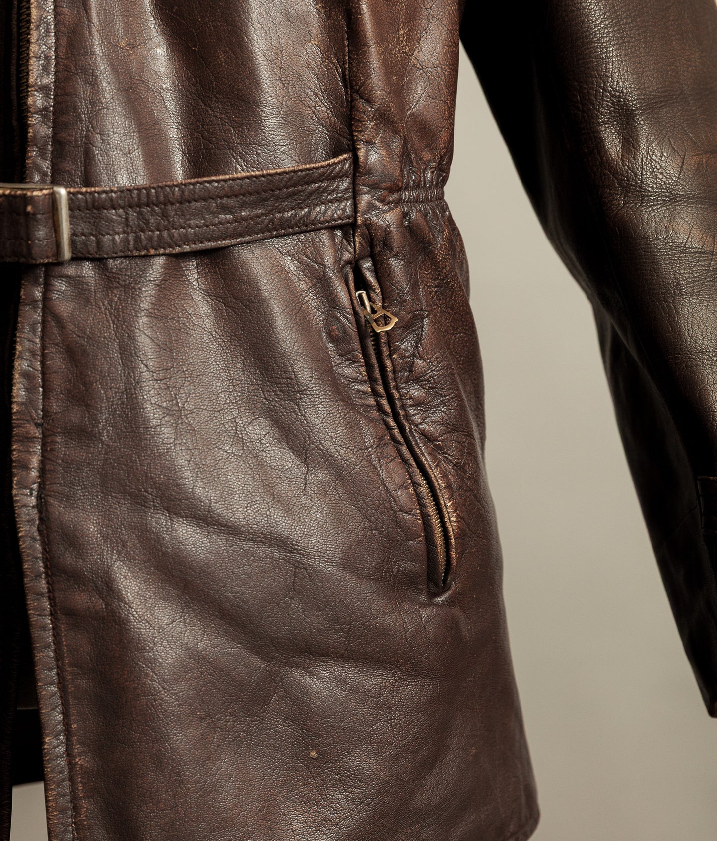 Vintage 1940s German Leather Belted Motorcycle Jacket
