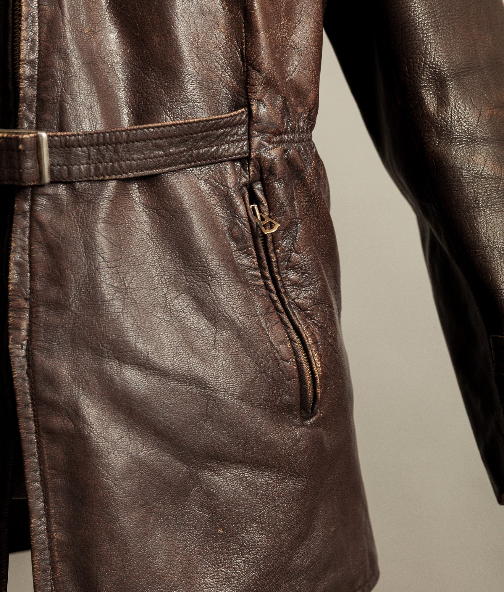 Vintage 1940s German Leather Belted Motorcycle Jacket