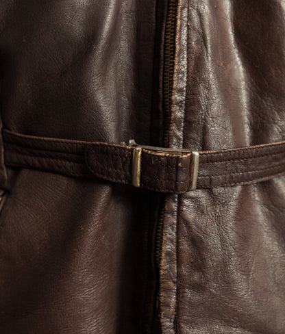 Vintage 1940s German Leather Belted Motorcycle Jacket