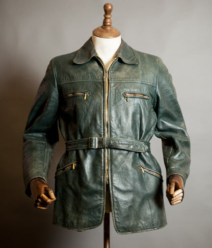 Vintage 1940s German Goatskin Leather Belted Motoring Coat