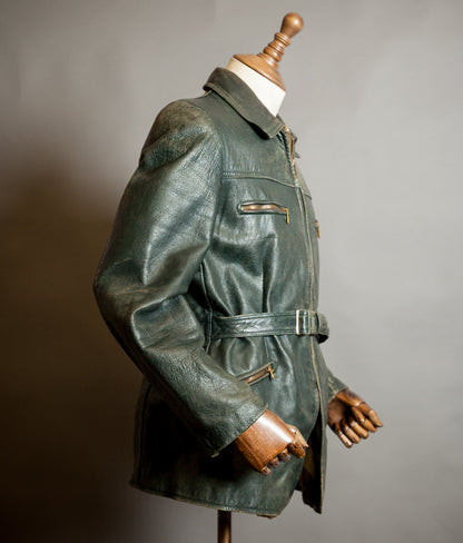 Vintage 1940s German Goatskin Leather Belted Motoring Coat