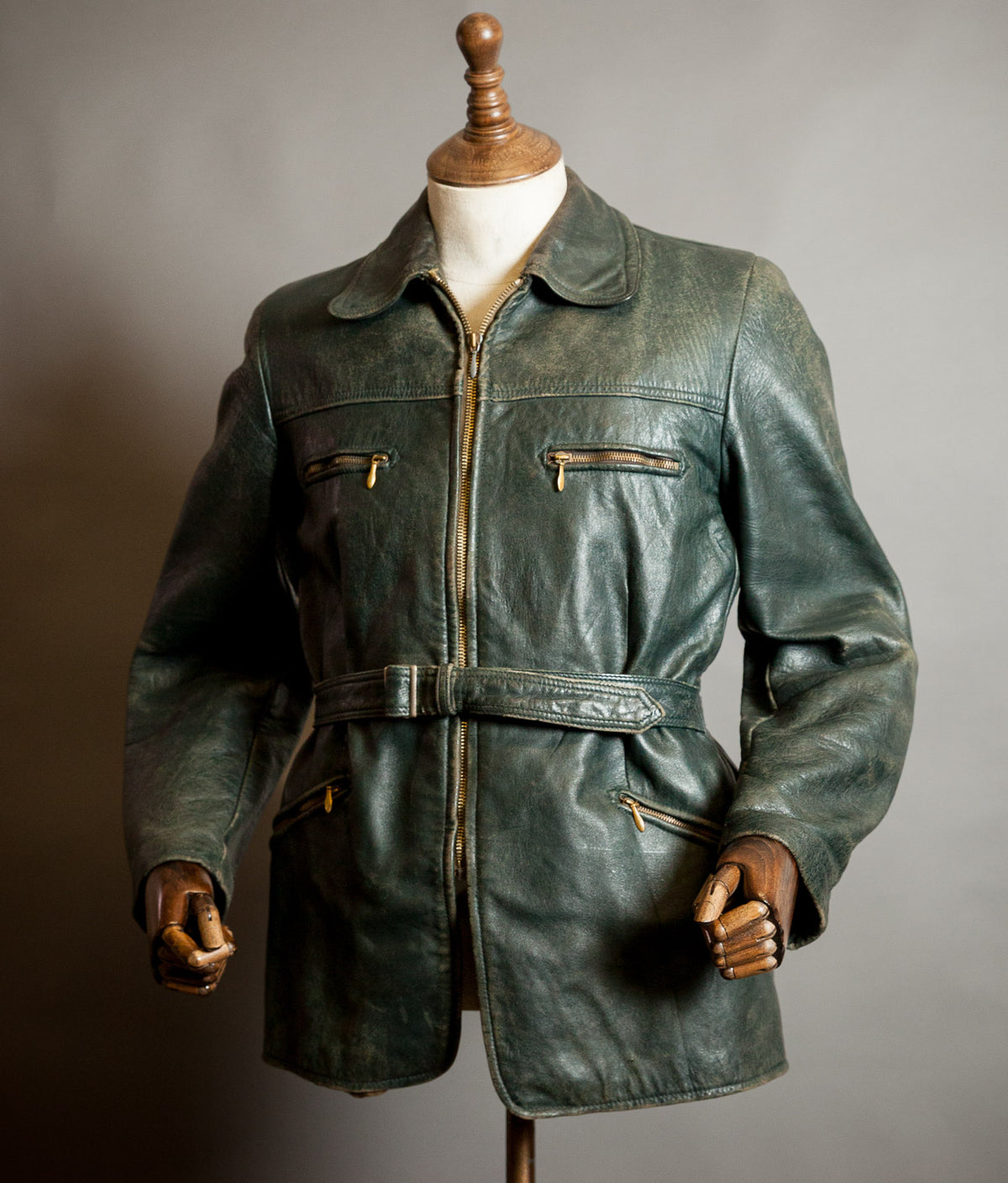 Vintage 1940s German Goatskin Leather Belted Motoring Coat