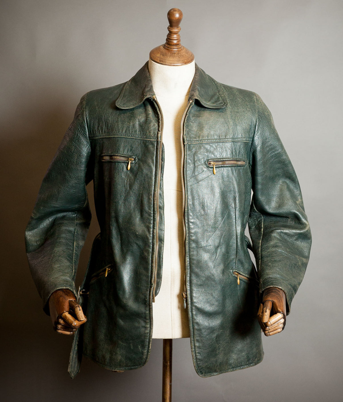 Vintage 1940s German Goatskin Leather Belted Motoring Coat